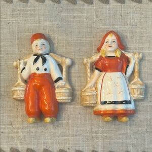 Vintage 1950s Yamaka Dutch Boy & Girl Chalkware Wall Plaques Occupied Japan.